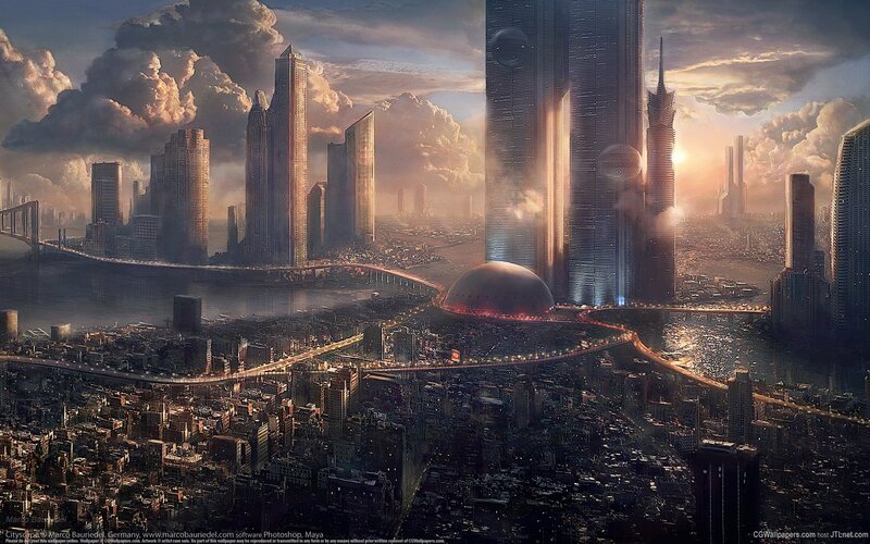 futuristic cityscape at sunset