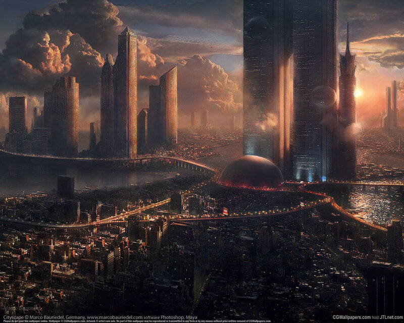 futuristic cityscape at sunset