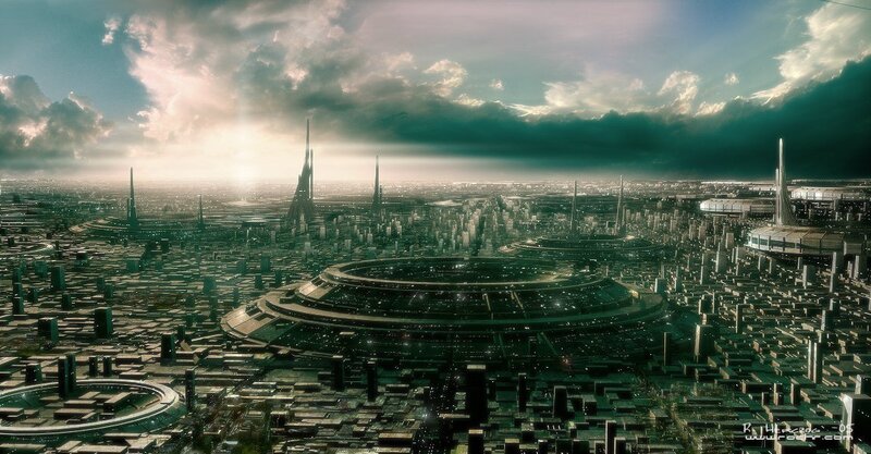 futuristic cityscape at sunset