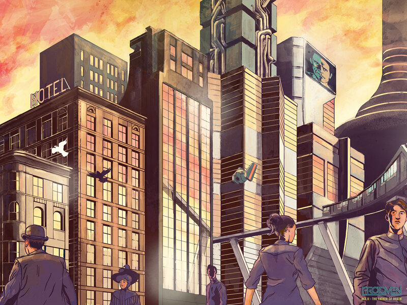 futuristic cityscape at sunset