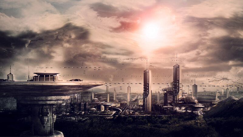 futuristic cityscape at sunset