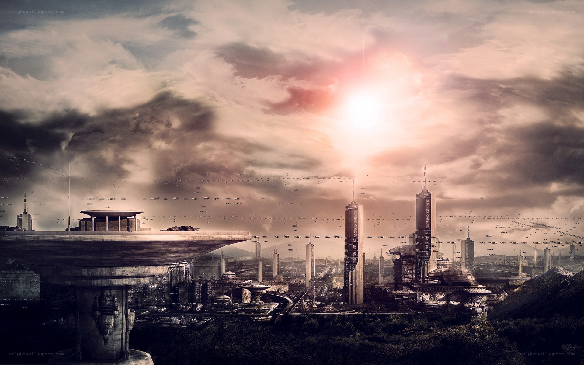 futuristic cityscape at sunset
