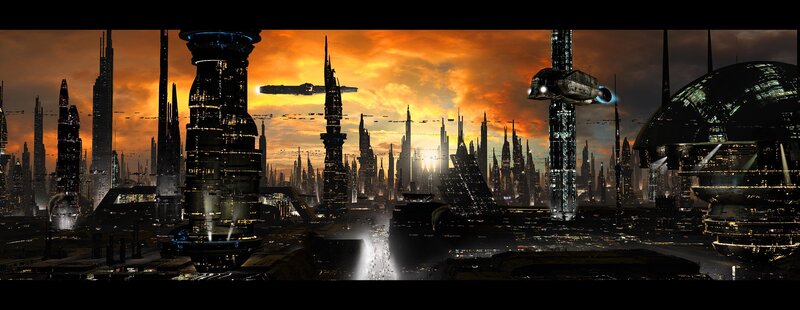 futuristic cityscape at sunset