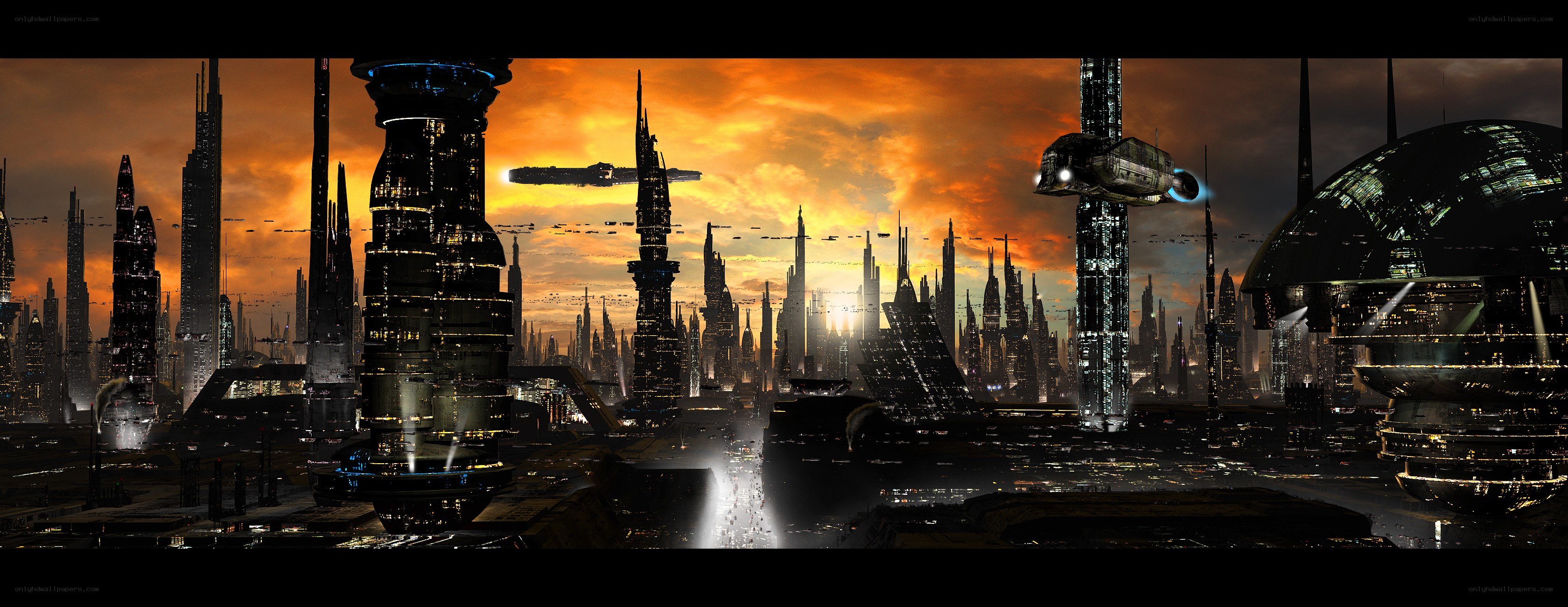 futuristic cityscape at sunset