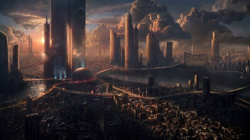 futuristic cityscape at sunset