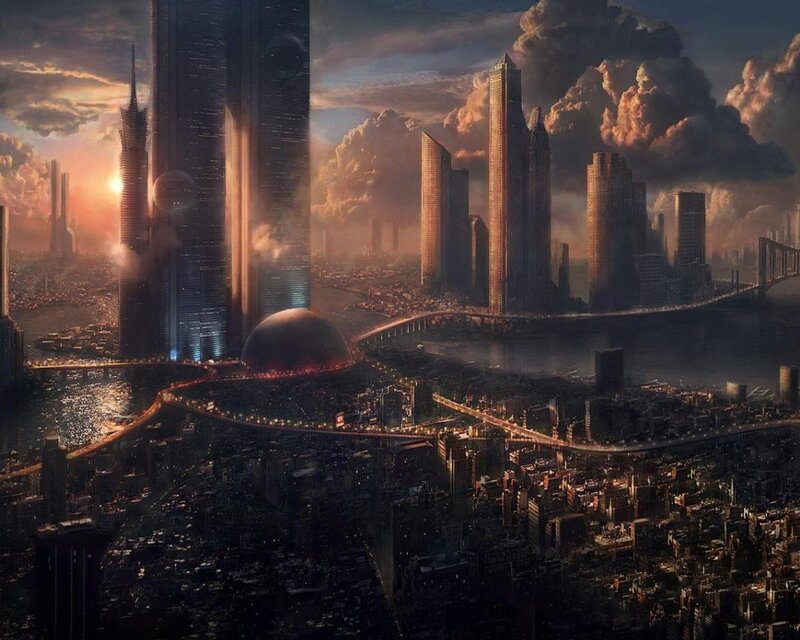 futuristic cityscape at sunset