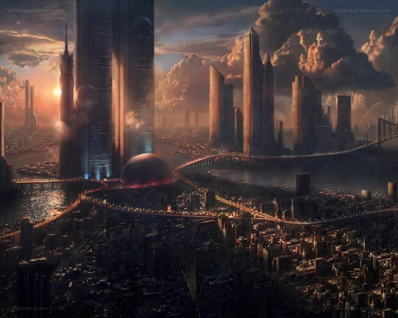 futuristic cityscape at sunset