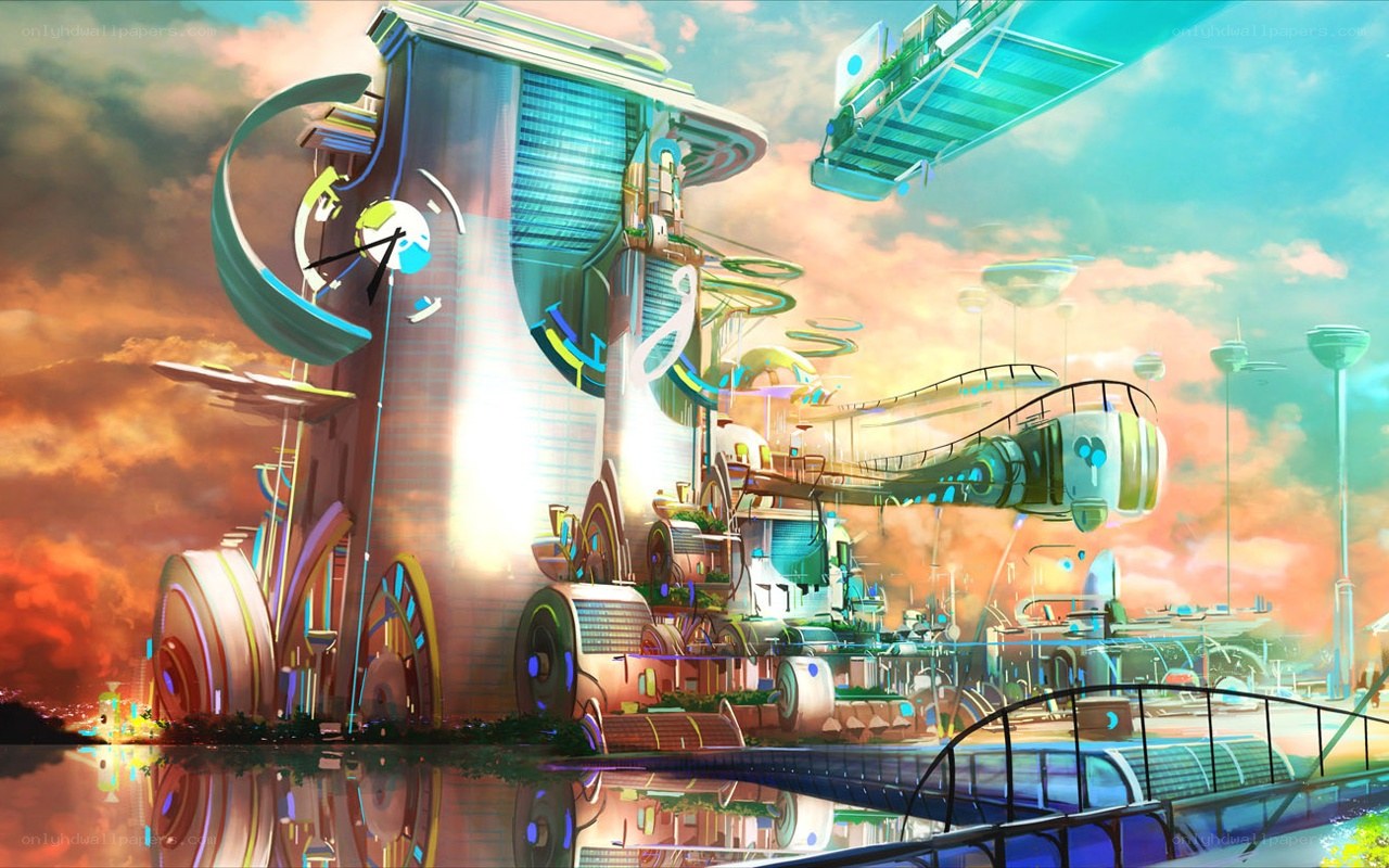 futuristic cityscape at sunset