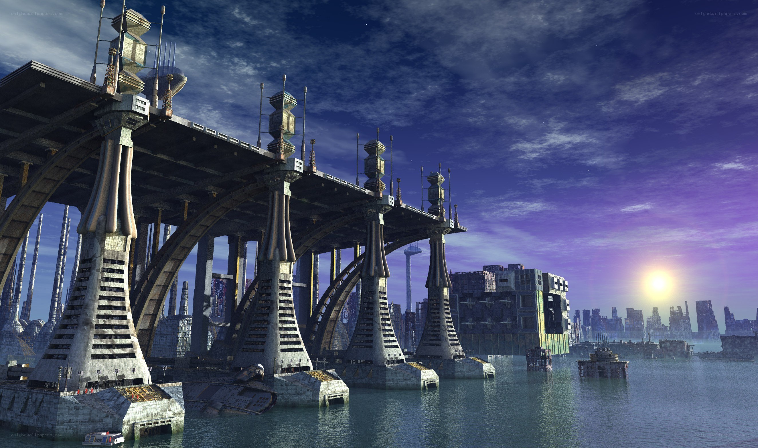 futuristic cityscape at sunset