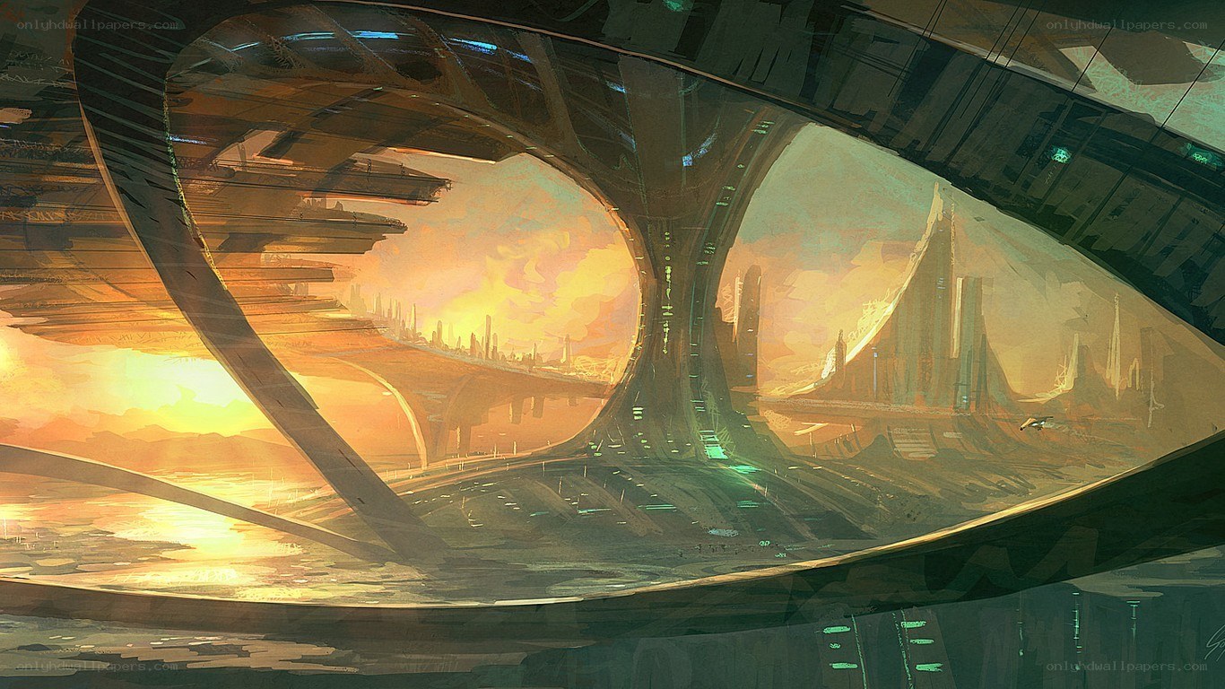 futuristic cityscape at sunset