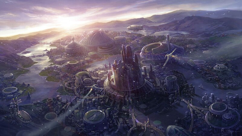 futuristic cityscape at sunset