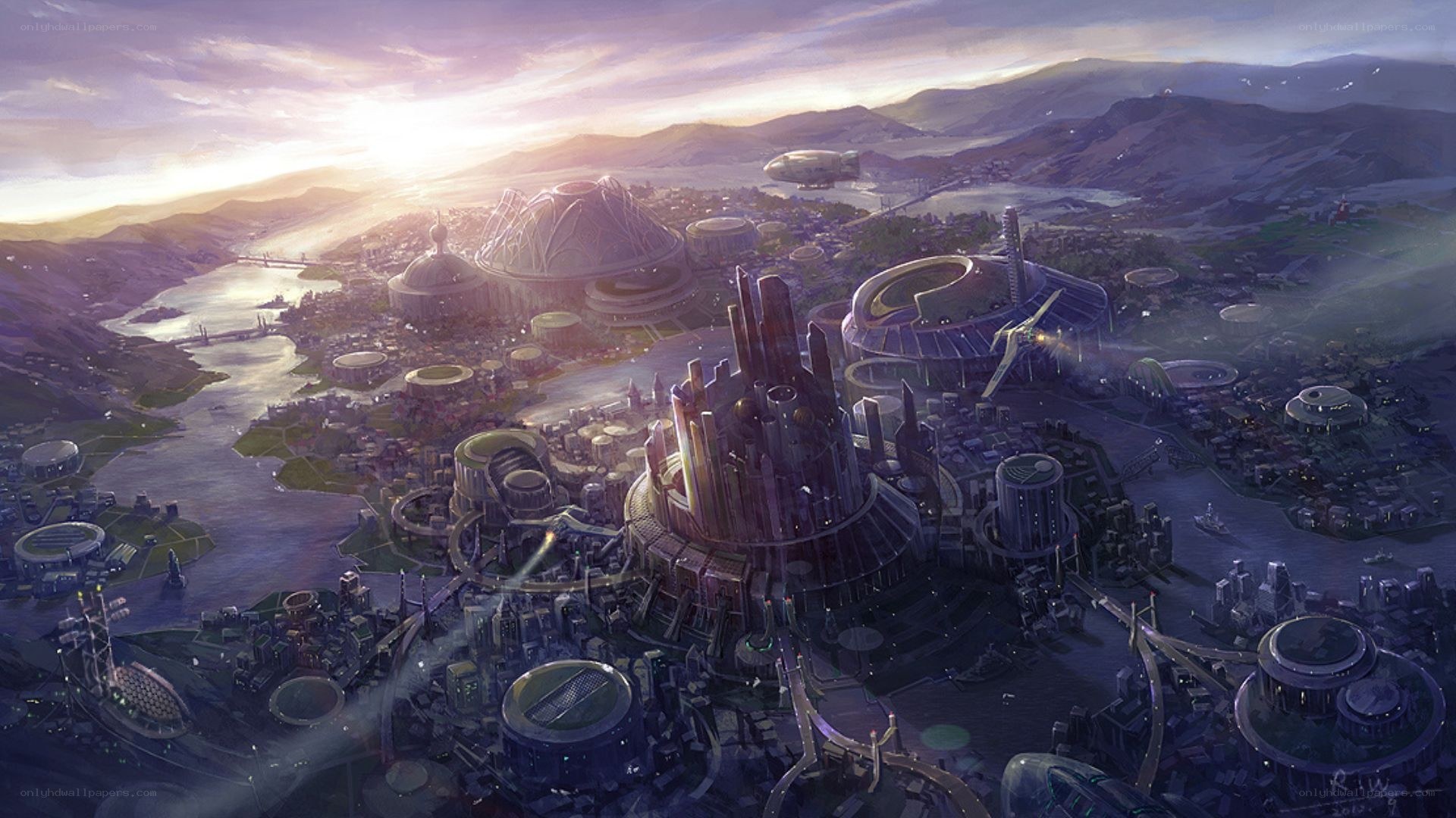 futuristic cityscape at sunset