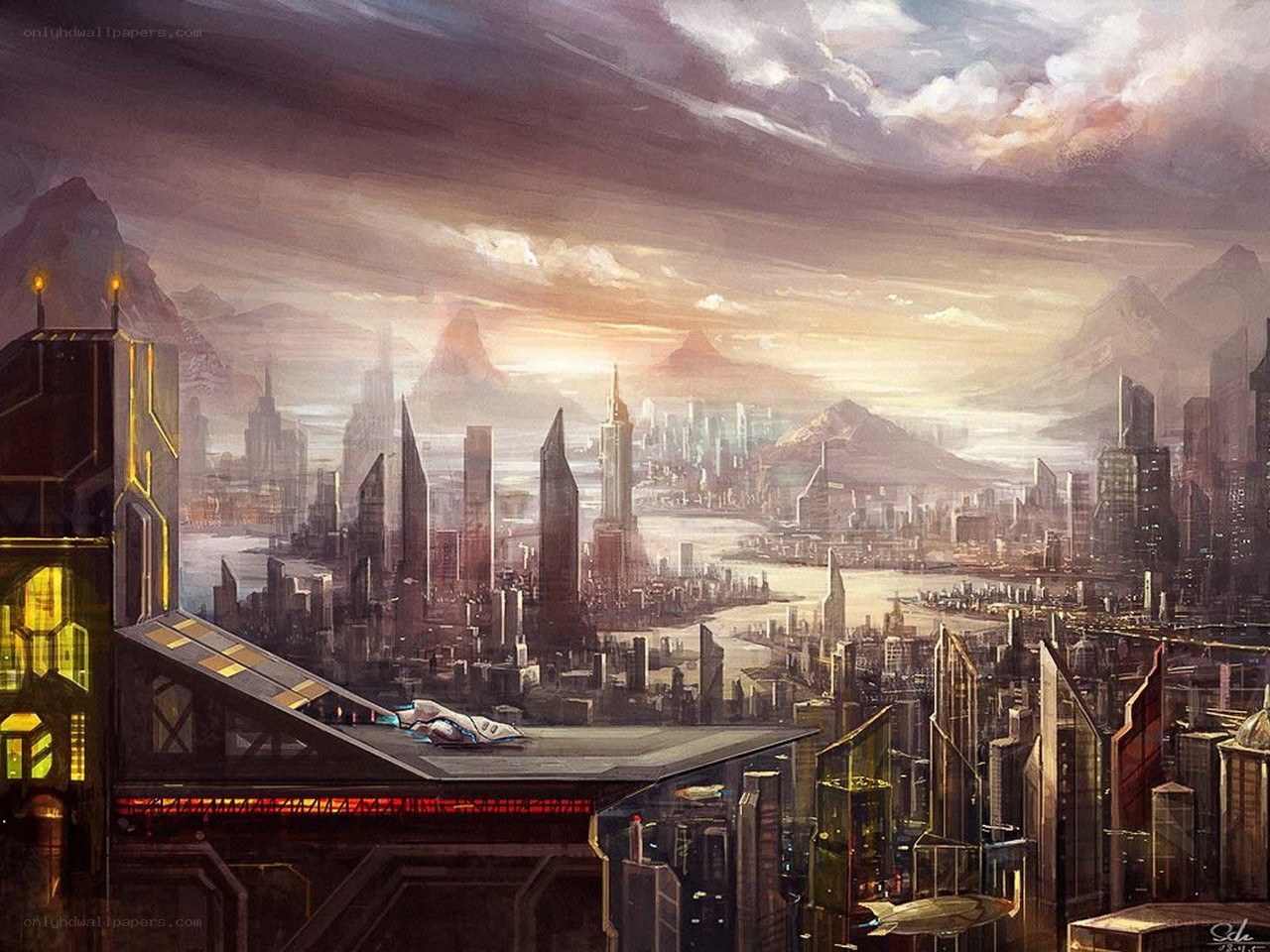 futuristic cityscape at sunset