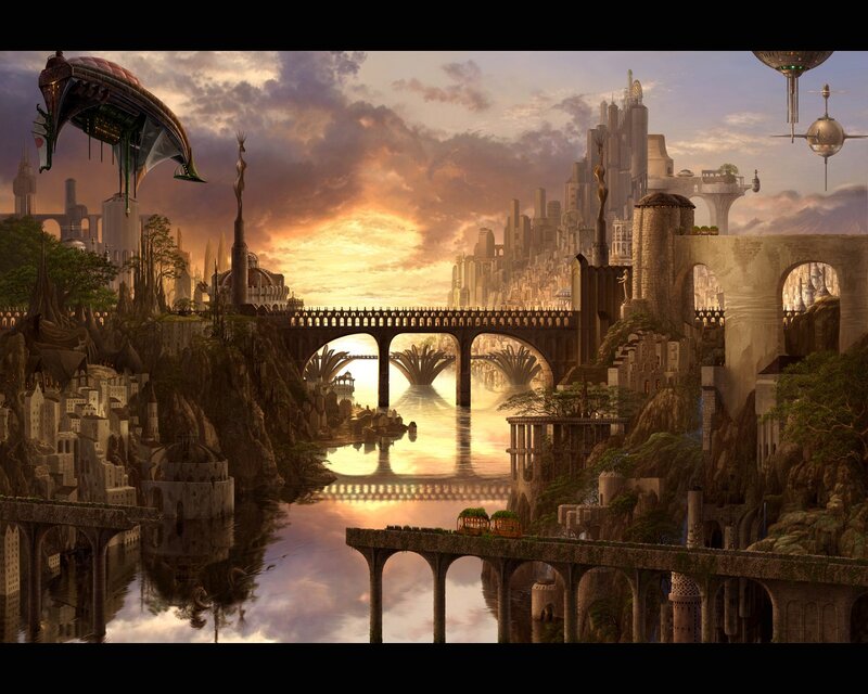 futuristic cityscape at sunset