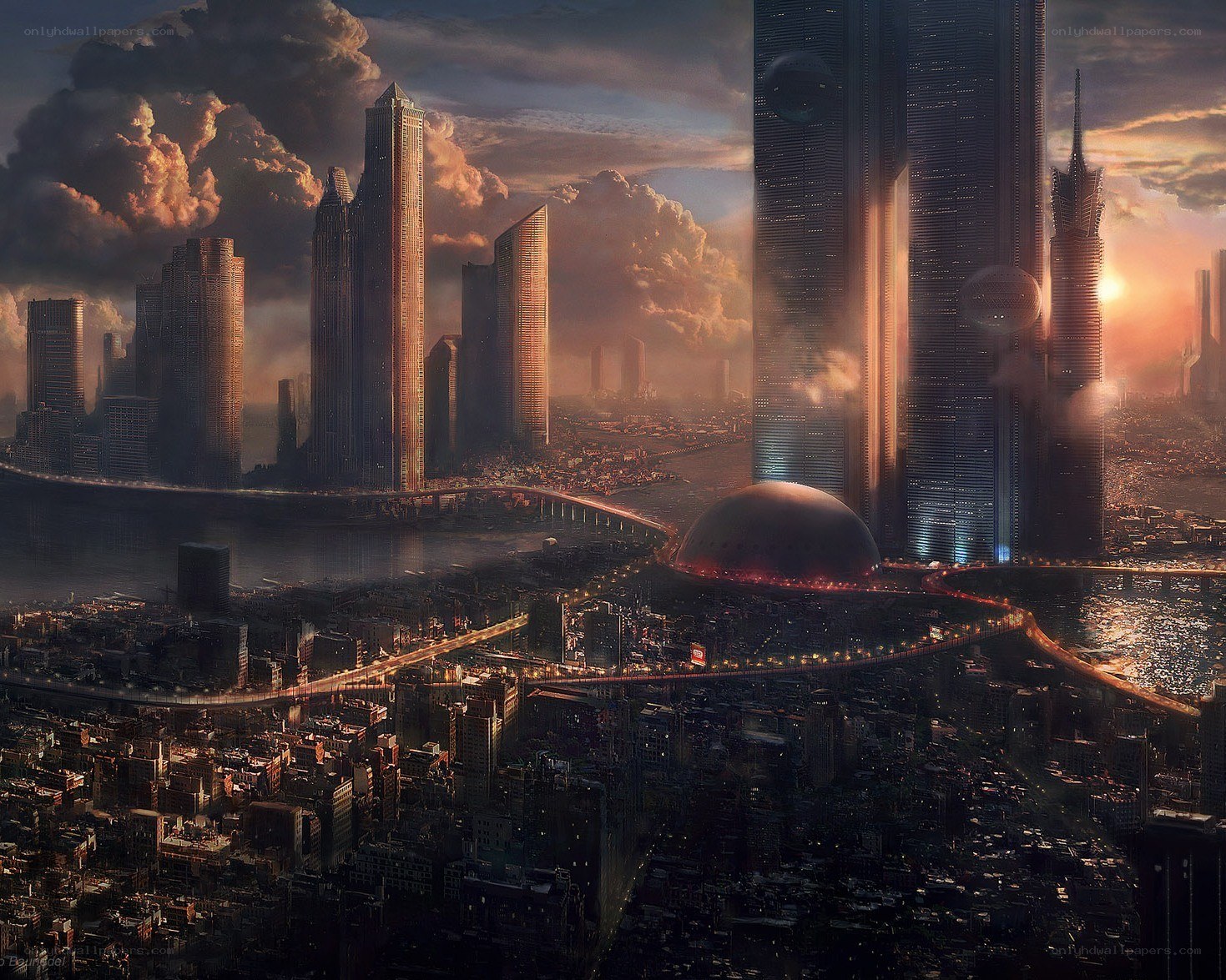 futuristic cityscape at sunset