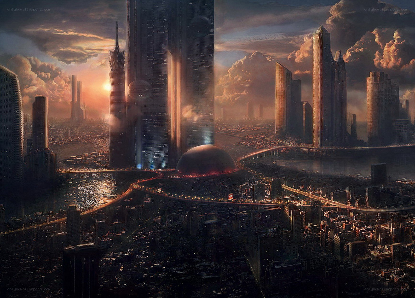 futuristic cityscape at sunset