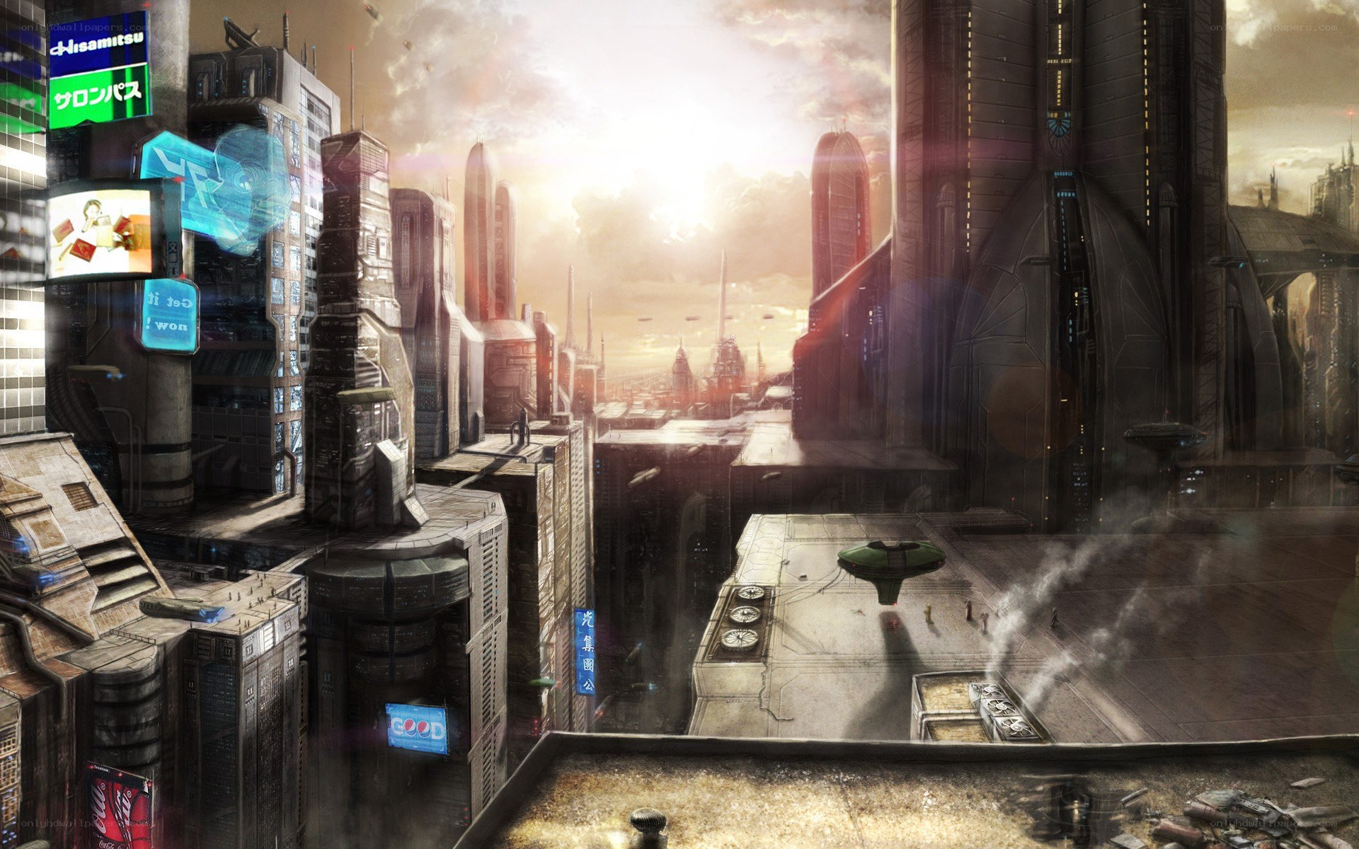 futuristic cityscape at sunset