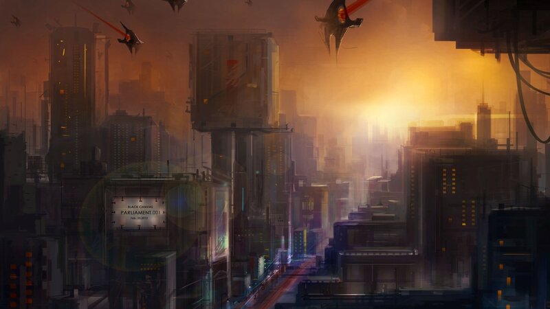 futuristic cityscape at sunset
