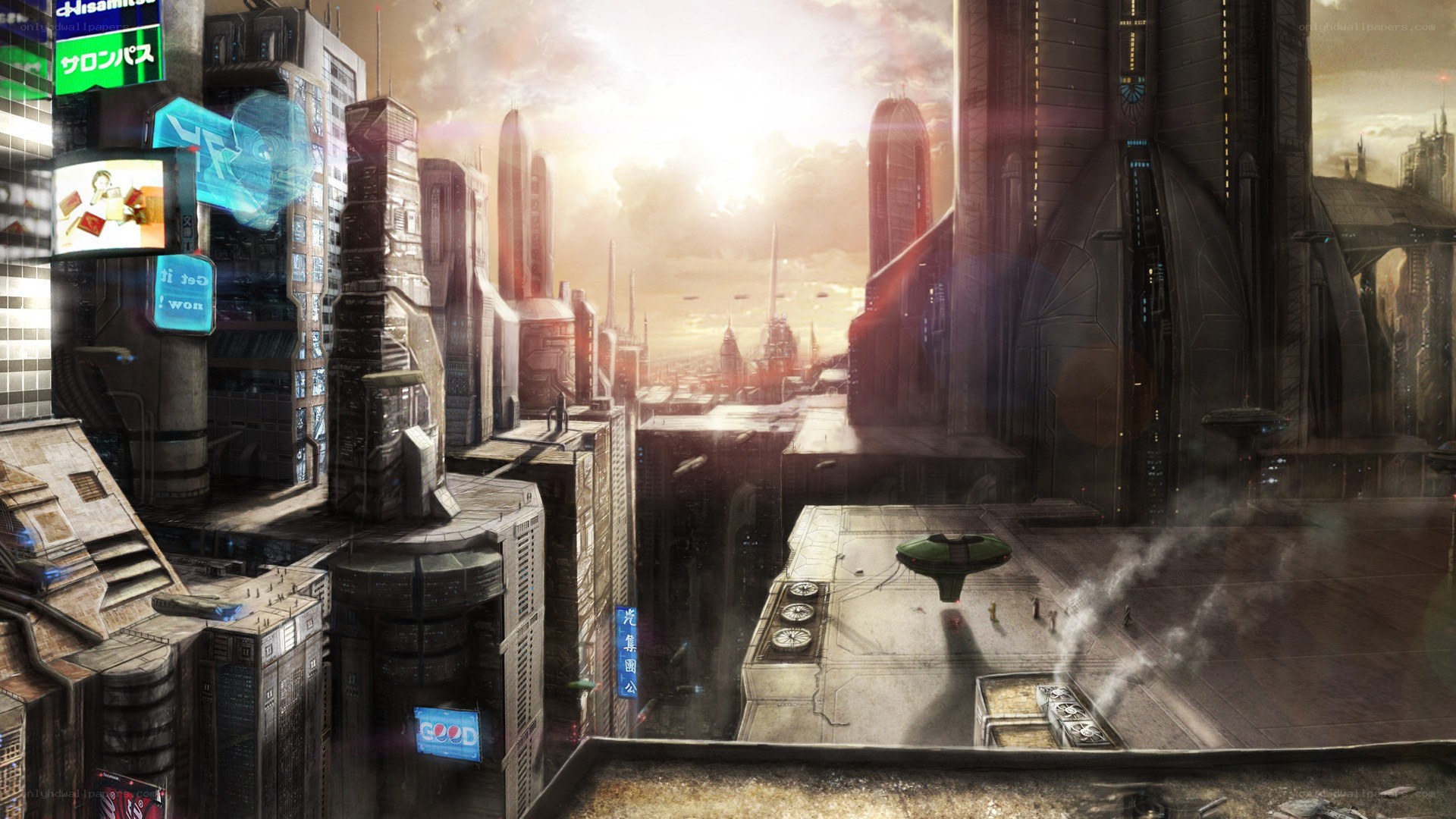 futuristic cityscape at sunset