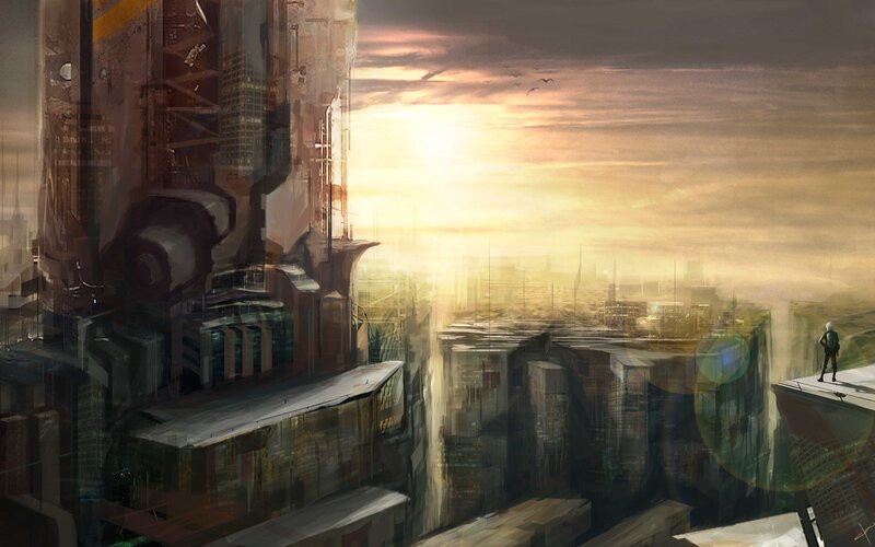 futuristic cityscape at sunset