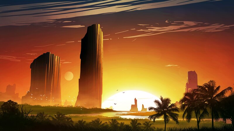 Futuristic Cityscape at Sunset — Orange, Dramatic, Digital Art, Skyscrapers