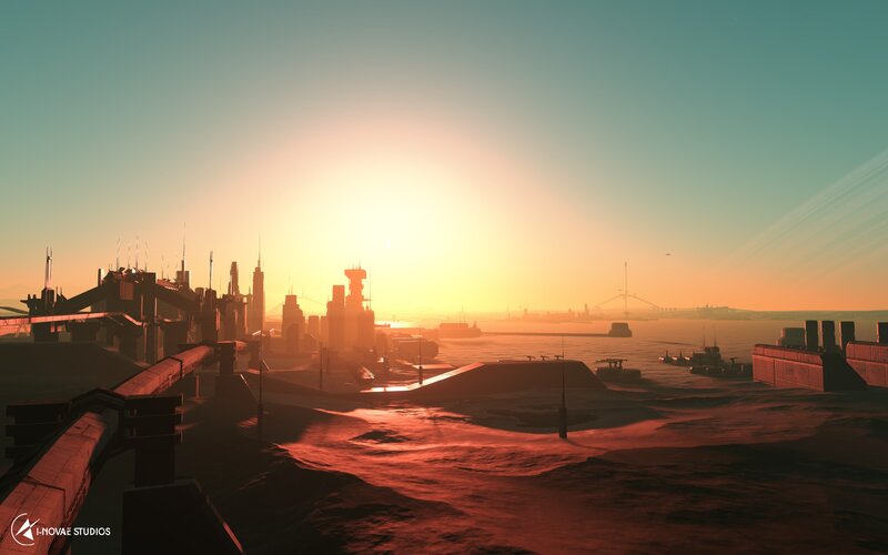 Futuristic Cityscape at Sunset — Orange, Dramatic