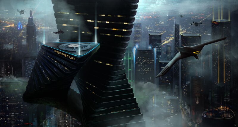 Futuristic Cityscape — Black, Dark, Night, Digital Art