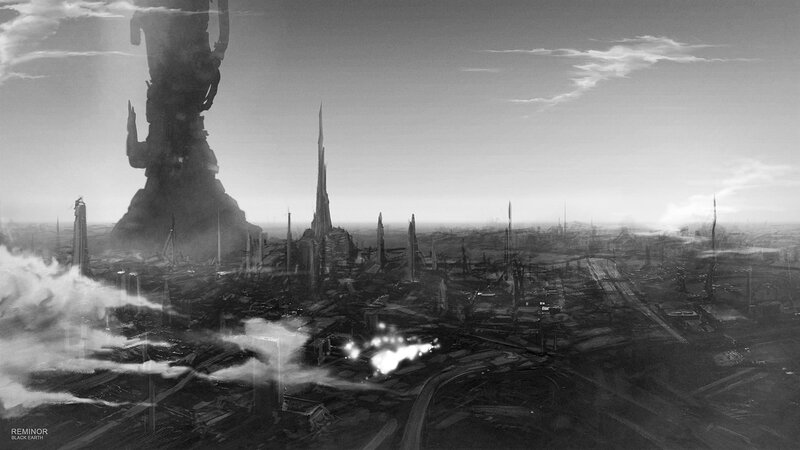 Futuristic Cityscape — Black, Dramatic, Digital Art, Skyscrapers, Smoke, Explosion