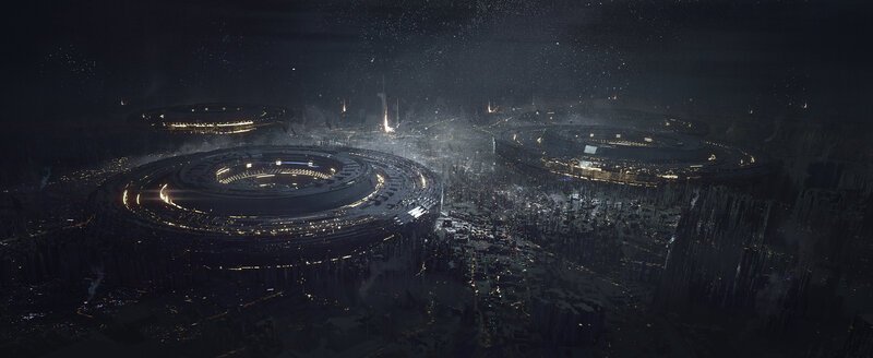 Futuristic Cityscape — Black, Dramatic, Night, Digital Art, Circles
