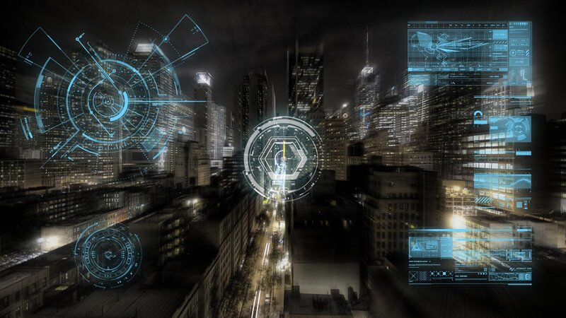 Futuristic Cityscape — Black, Dramatic, Night, Digital Art, Holographic Interface