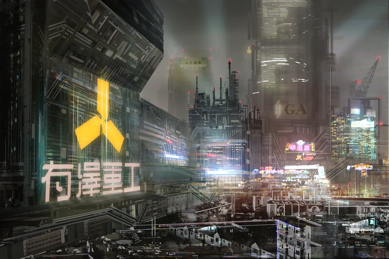 Futuristic Cityscape — Black, Dramatic, Night, Digital Art, Neon Signs, Skyscrapers, Cranes