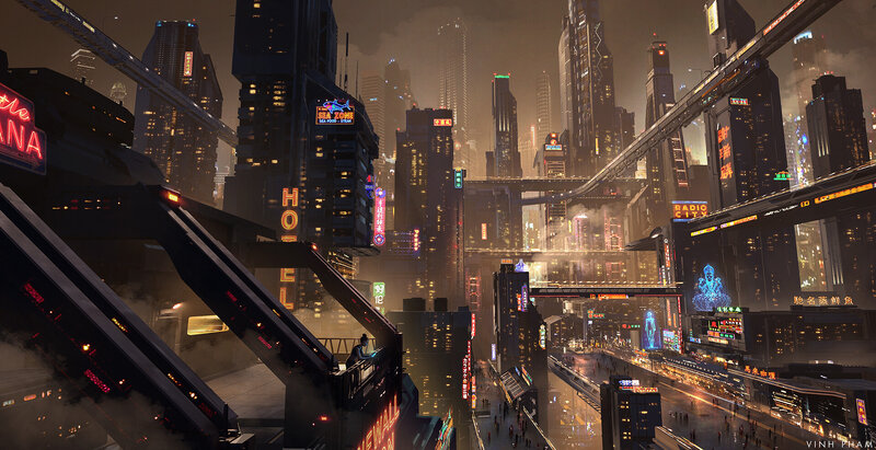 Futuristic Cityscape — Black, Dramatic, Night, Digital Art, Neon Signs, Skyscrapers, Overpasses