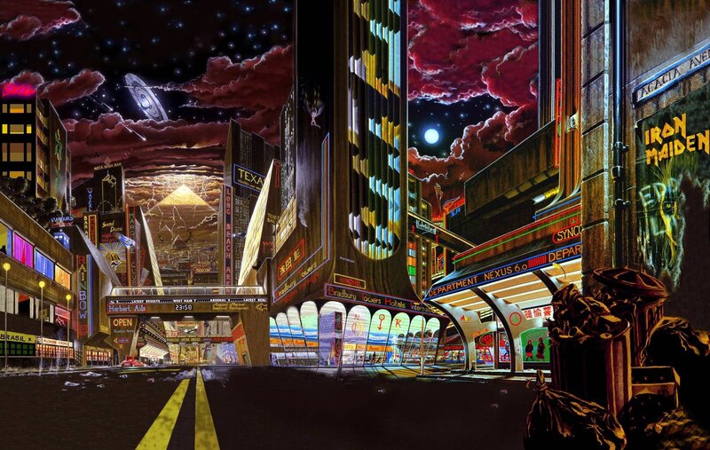 Futuristic Cityscape — Black, Dramatic, Night, Digital Art, Neon Signs