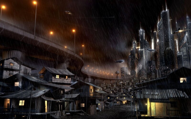 Futuristic Cityscape — Black, Dramatic, Night, Digital Art, Rain