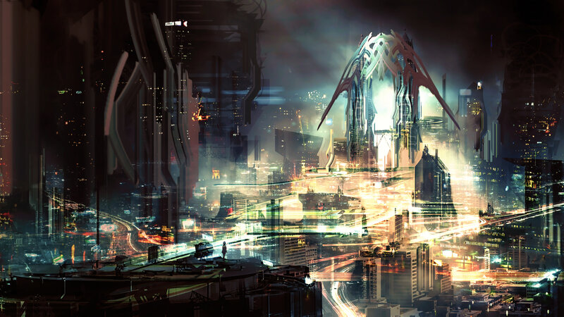 Futuristic Cityscape — Black, Dramatic, Night, Digital Art, Skyscraper