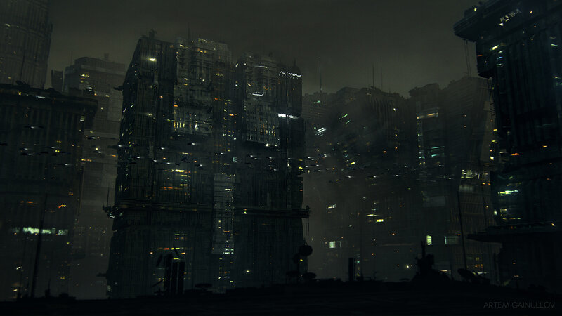 Futuristic Cityscape — Black, Dramatic, Night, Digital Art, Skyscrapers, Aircraft