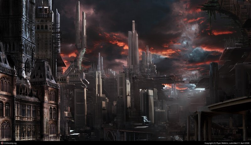 Futuristic Cityscape — Black, Dramatic, Night, Digital Art, Skyscrapers, Clouds, Buildings