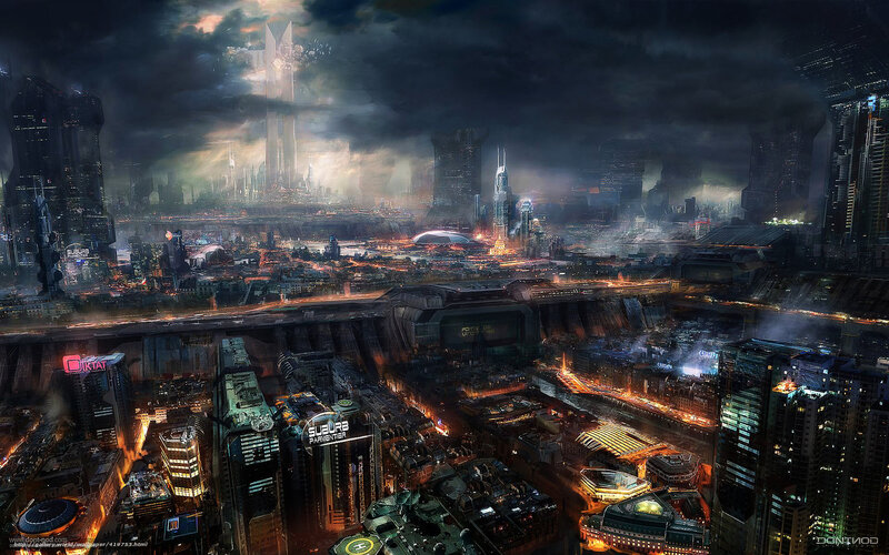 Futuristic Cityscape — Black, Dramatic, Night, Digital Art, Skyscrapers, Neon Lights
