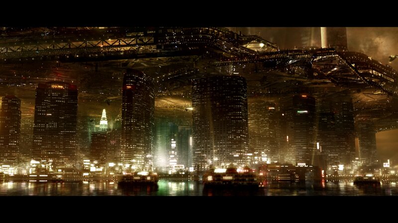 Futuristic Cityscape — Black, Dramatic, Night, Digital Art, Skyscrapers, River, Aircraft
