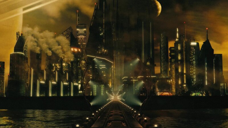 Futuristic Cityscape — Black, Dramatic, Night, Digital Art, Skyscrapers, River, Moon