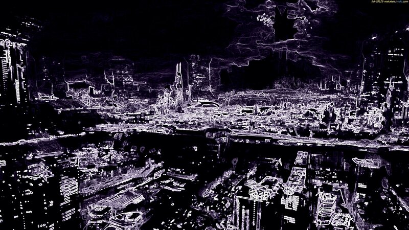 Futuristic Cityscape — Black, Dramatic, Night, Digital Art, Skyscrapers, River