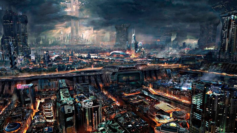 Futuristic Cityscape — Black, Dramatic, Night, Digital Art, Skyscrapers, Smoke