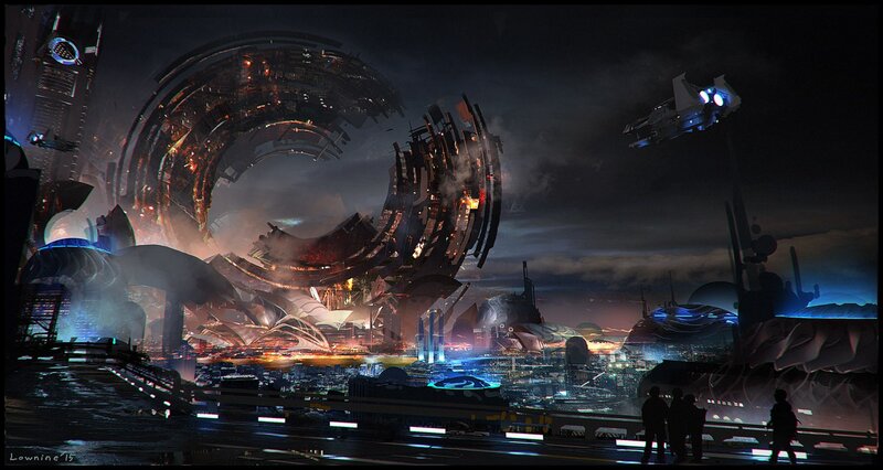 Futuristic Cityscape — Black, Dramatic, Night, Digital Art, Spaceship