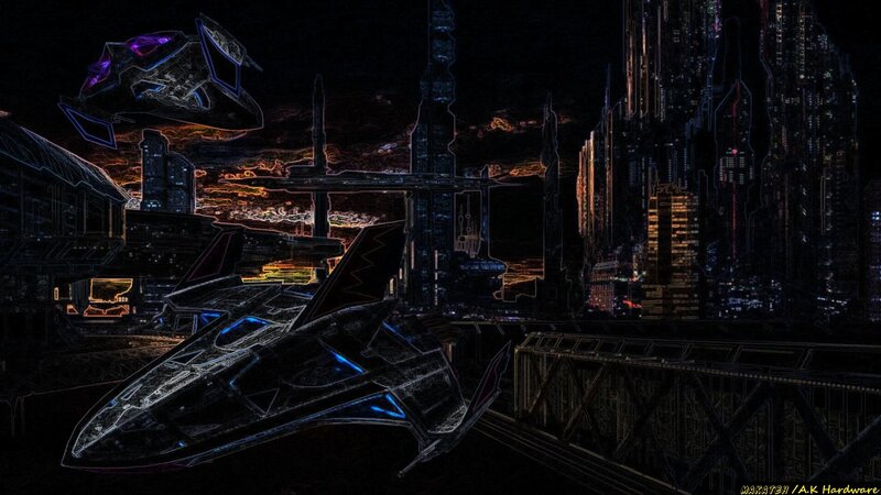Futuristic Cityscape — Black, Dramatic, Night, Digital Art, Spaceships