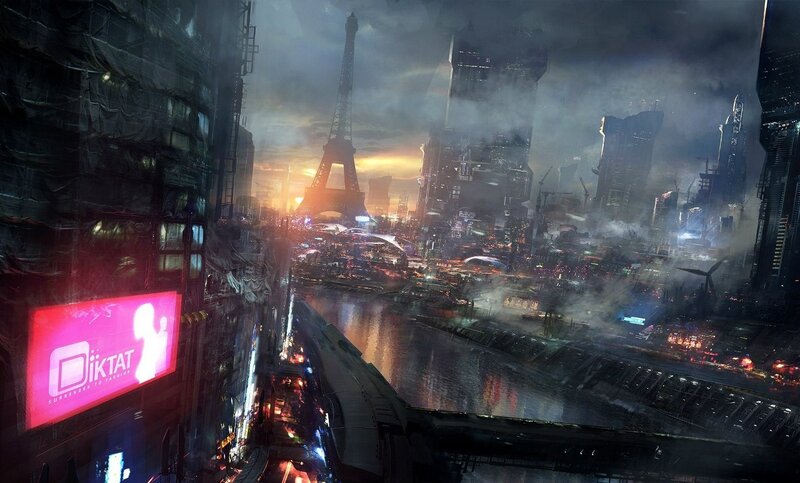 Futuristic Cityscape — Black, Dramatic, Sunset, Digital Art, Eiffel Tower