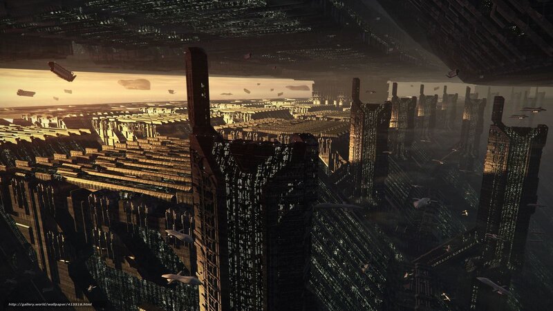 Futuristic Cityscape — Black, Dramatic, Sunset, Digital Art, Skyscrapers, Aircraft