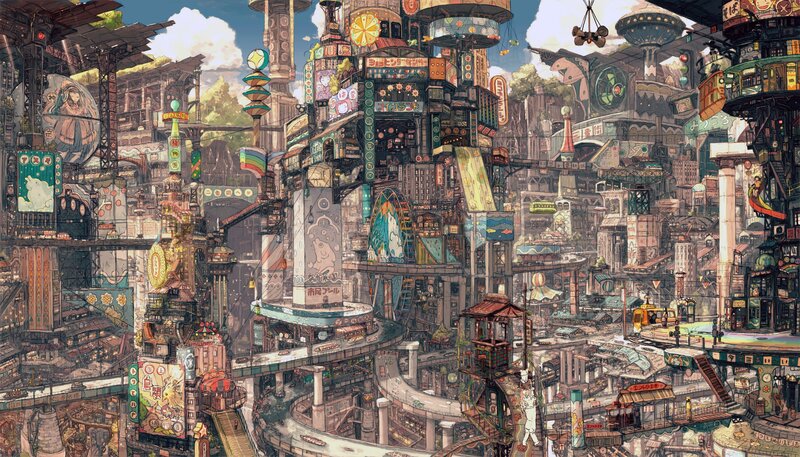 Futuristic Cityscape — Blue, Busy, Afternoon, Digital Art, Buildings, Signs