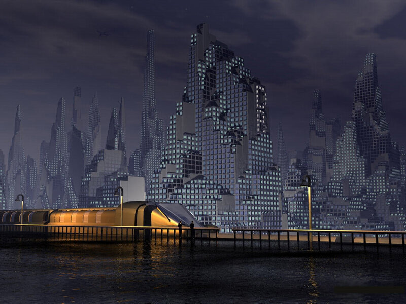 Futuristic Cityscape — Blue, Dark, Night, 3d Render, Skyscrapers, Train