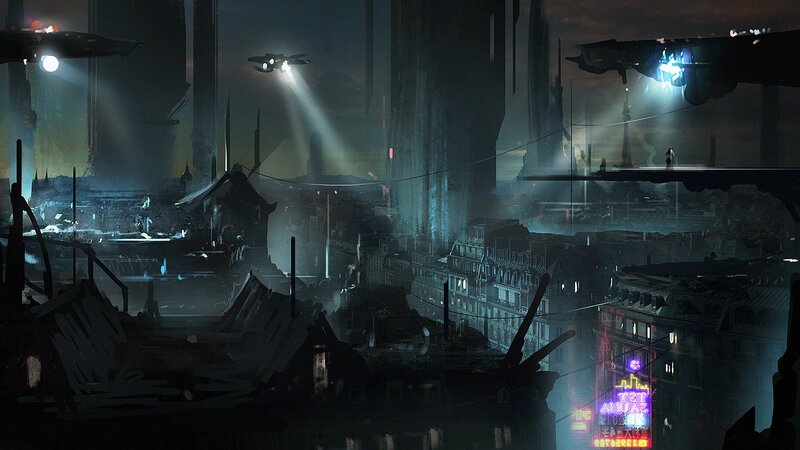 Futuristic Cityscape — Blue, Dark, Night, Digital Art