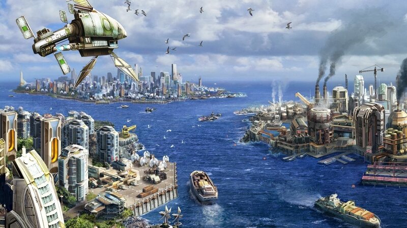 Futuristic Cityscape — Blue, Dramatic, Afternoon, Digital Art, Aircraft